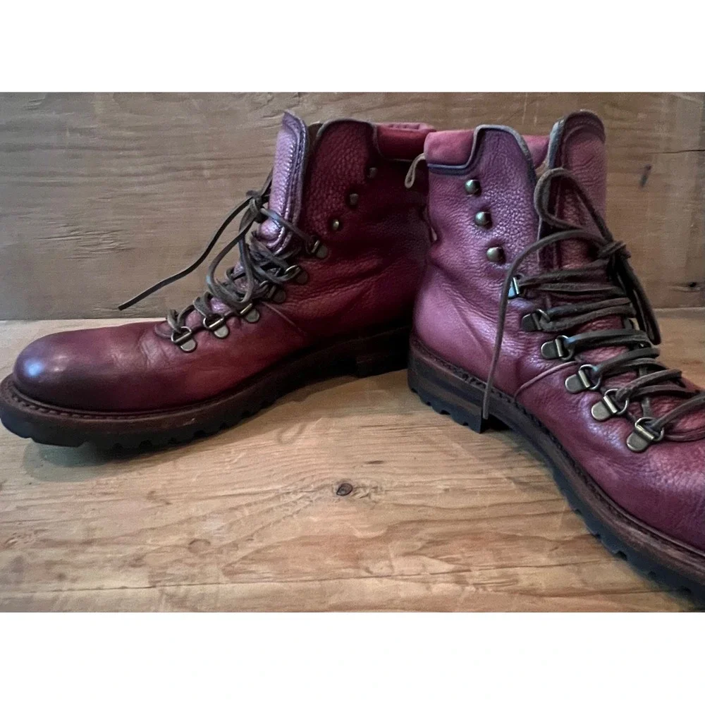 Antonio Maurizi Mens 9.5 Burgundy Pebbled Leather Hiking Boots Italy Lug Sole